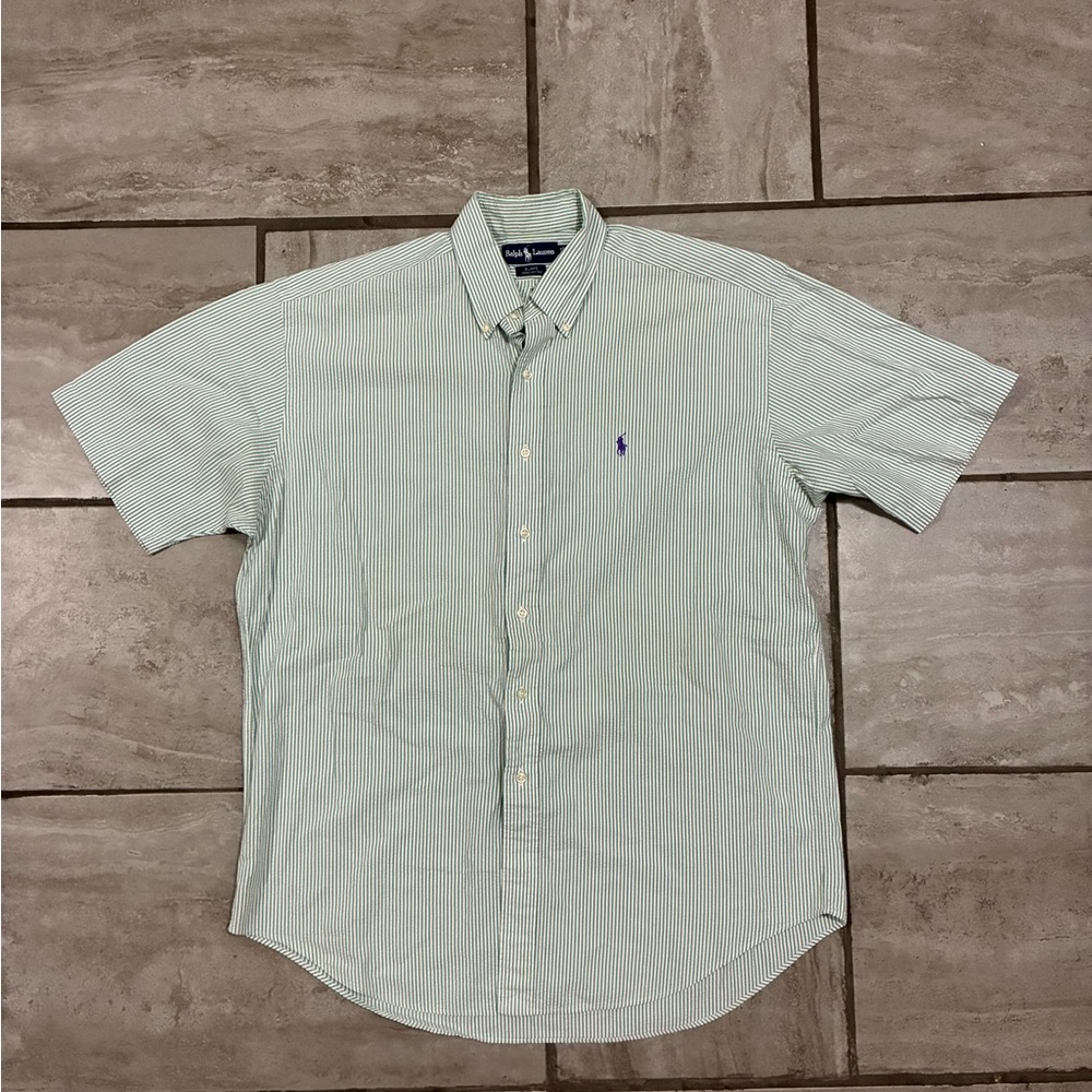 Ralph Lauren Light Green Striped Short Sleeve Button-Down Shirt
